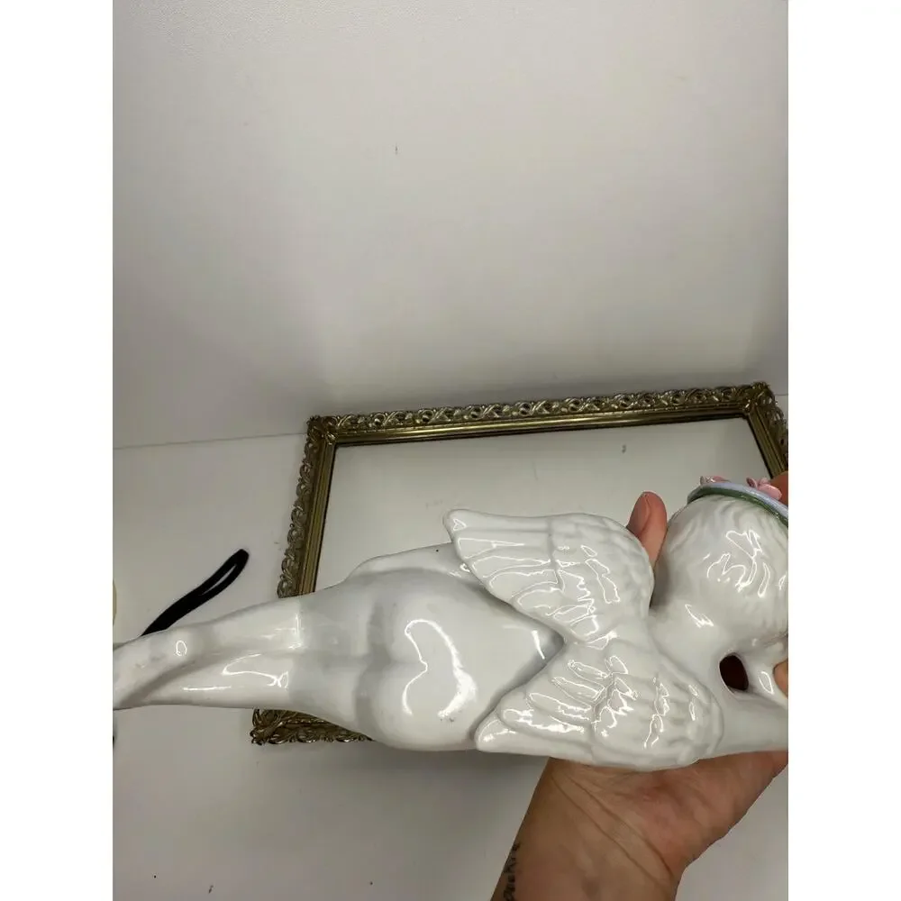 Vintage Porcelain Angel Figurine – Small White Cherub with Floral Crown, 4”